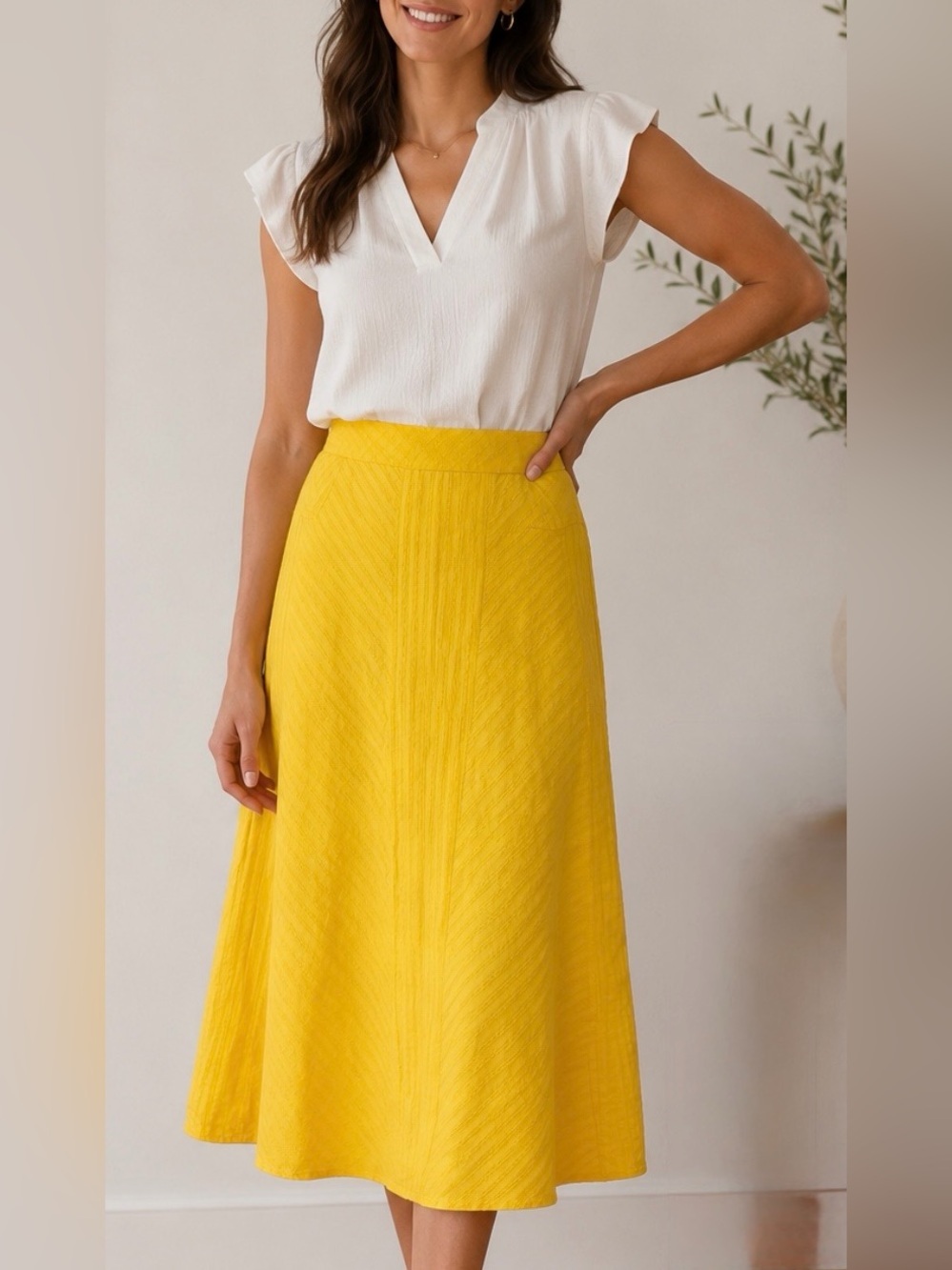 Talbots Petites Bright Yellow Textured A-Line Midi Skirt  Casual Chic 
Size 4P